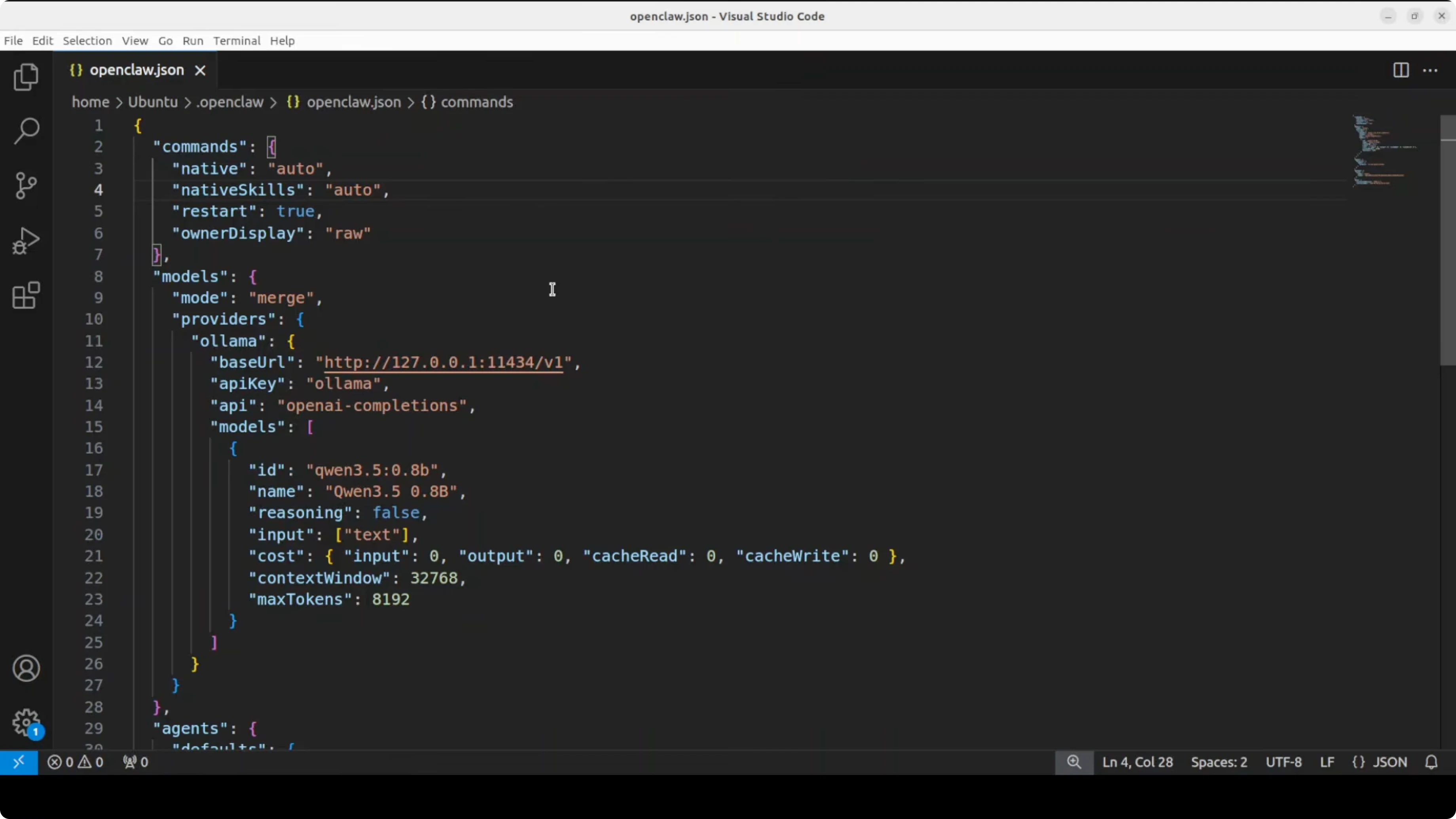 File di configurazione OpenClaw con provider Ollama