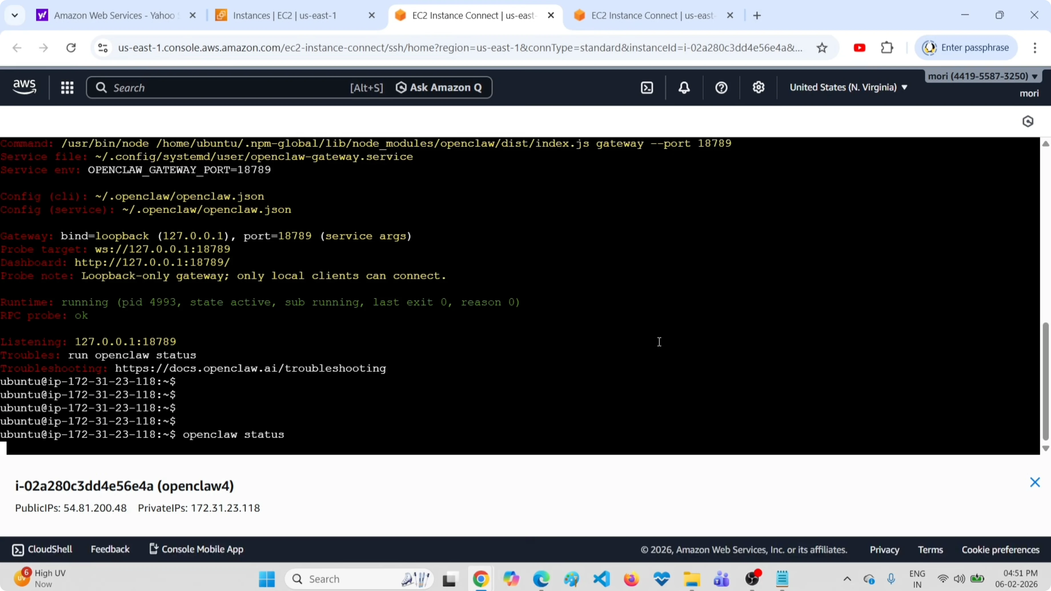 openclaw status command to see complete system state