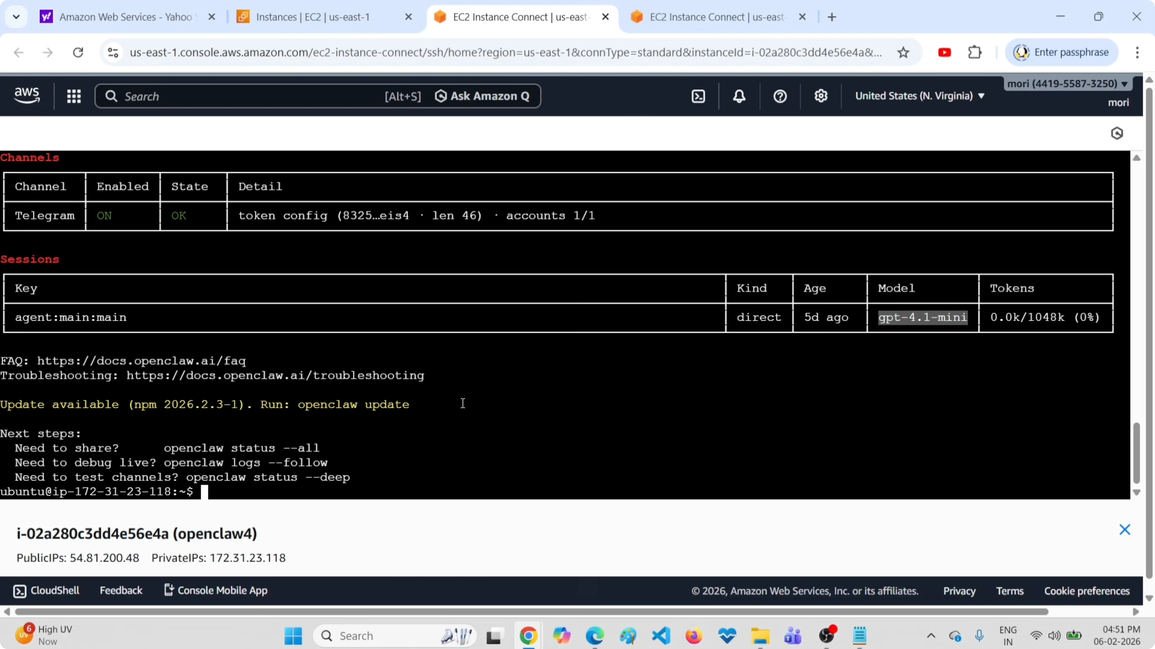 Setup with two terminals: one for logs, one for commands