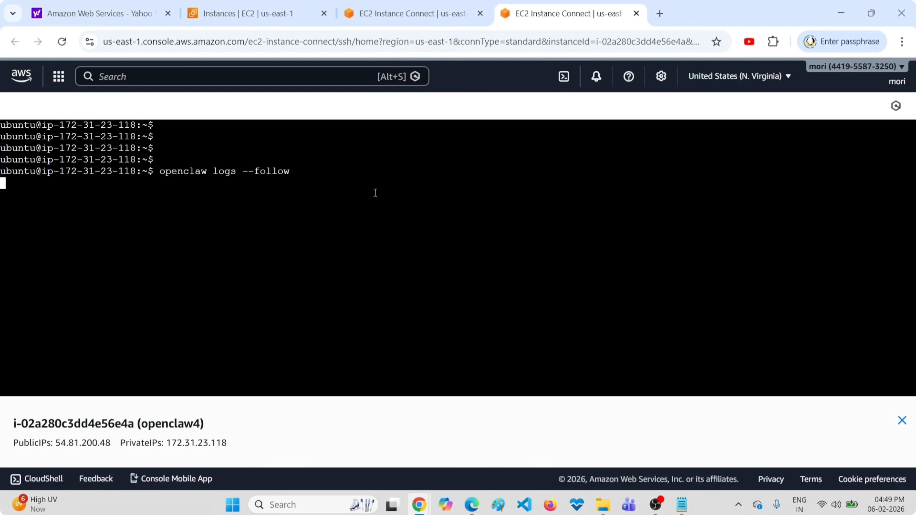 openclaw logs --follow command to monitor logs in real time