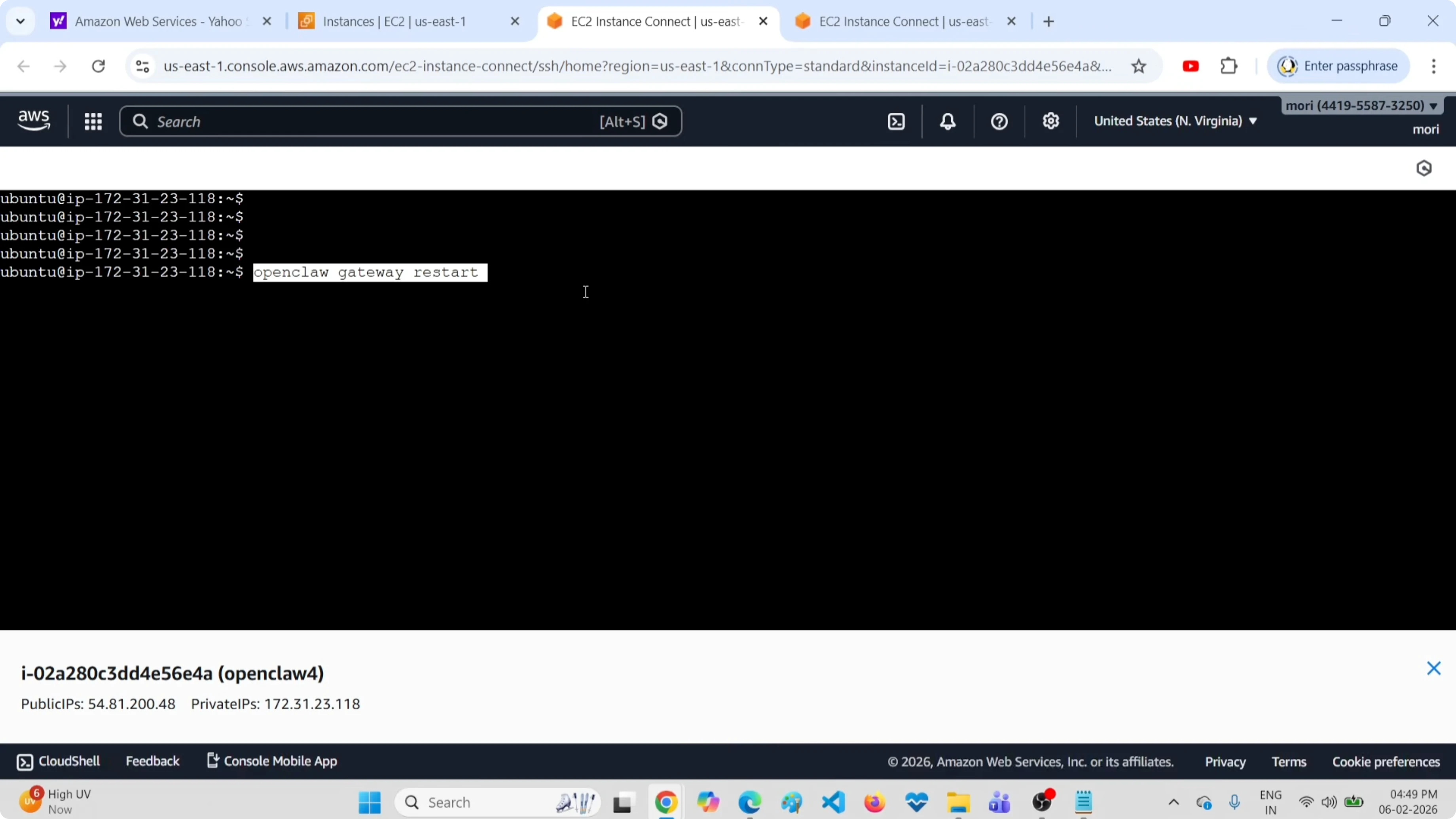 Comando openclaw gateway restart per riavviare il servizio