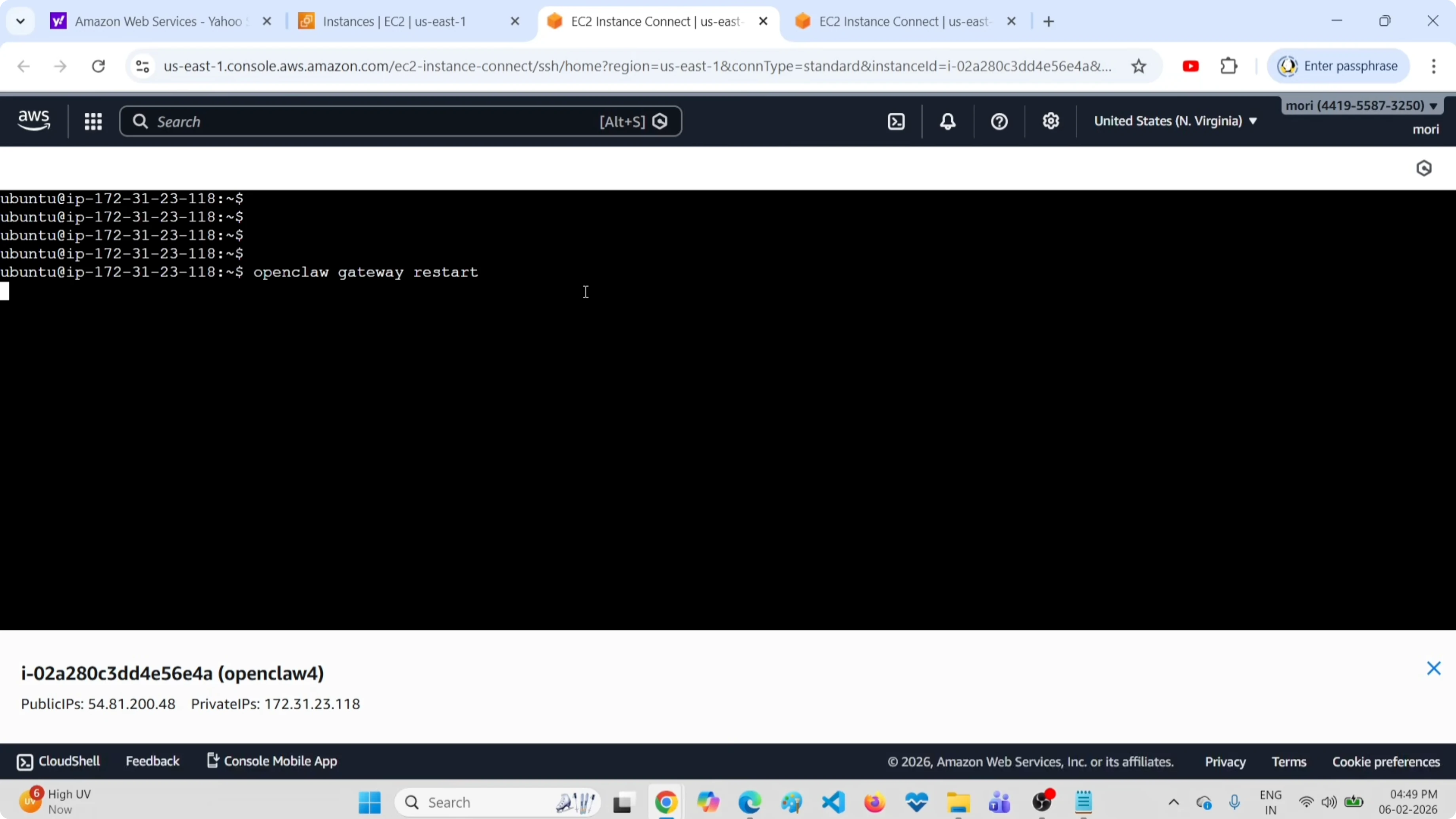 Output del riavvio del gateway nel terminale