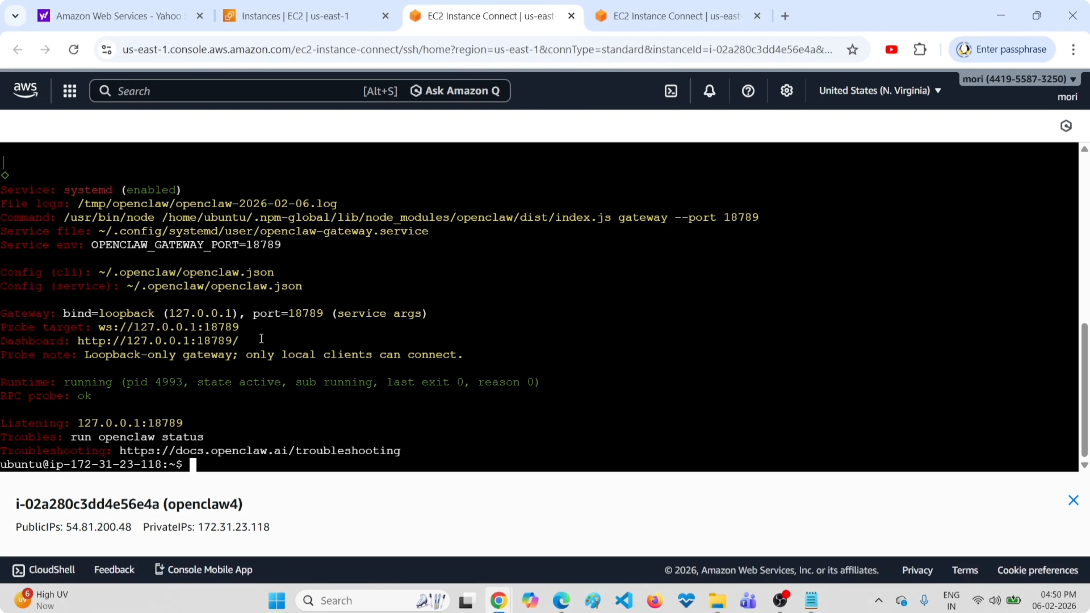 Output dello status che conferma il gateway attivo