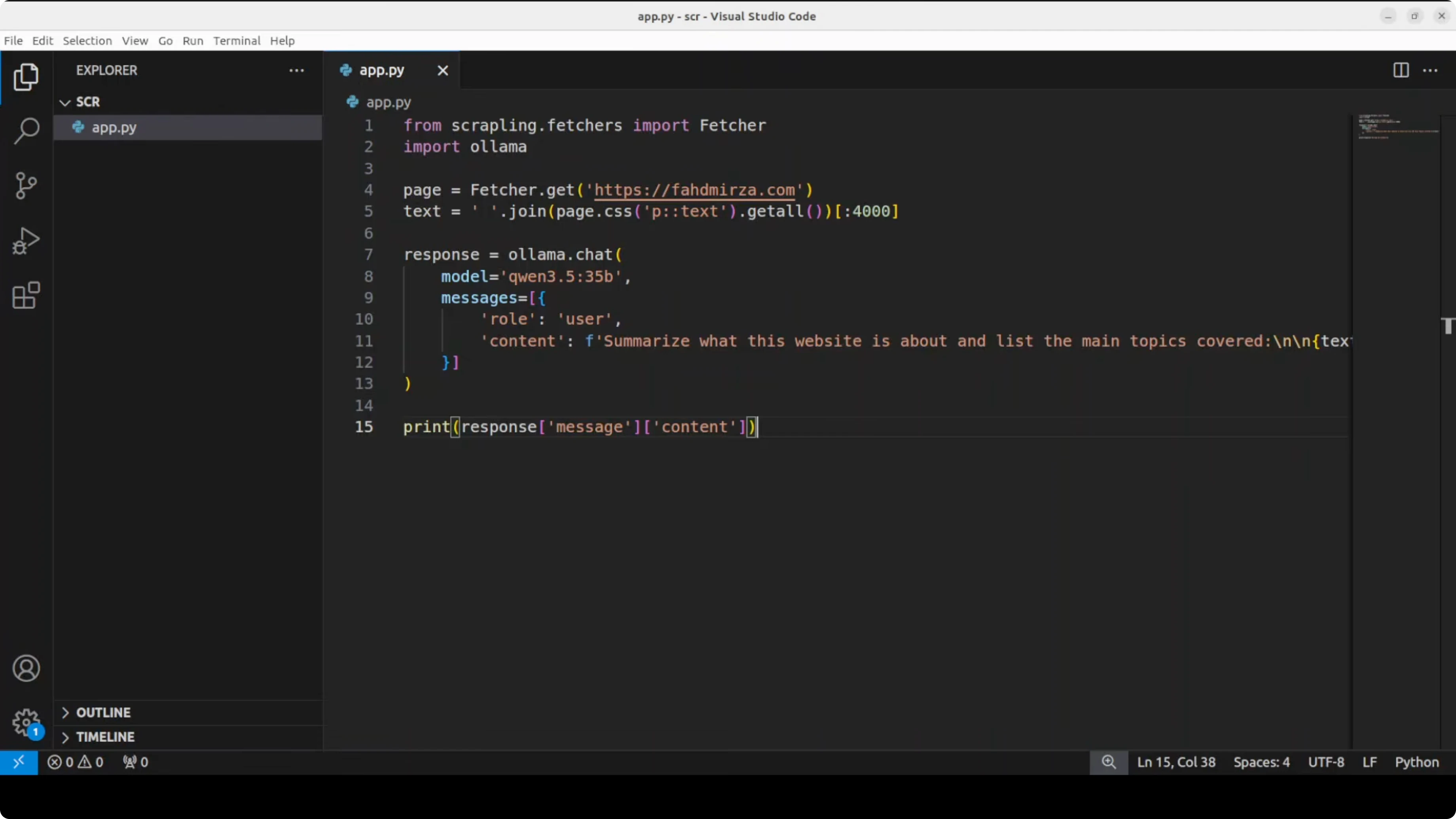 Esempio di risposta del modello Ollama dopo aver processato contenuto scrapato