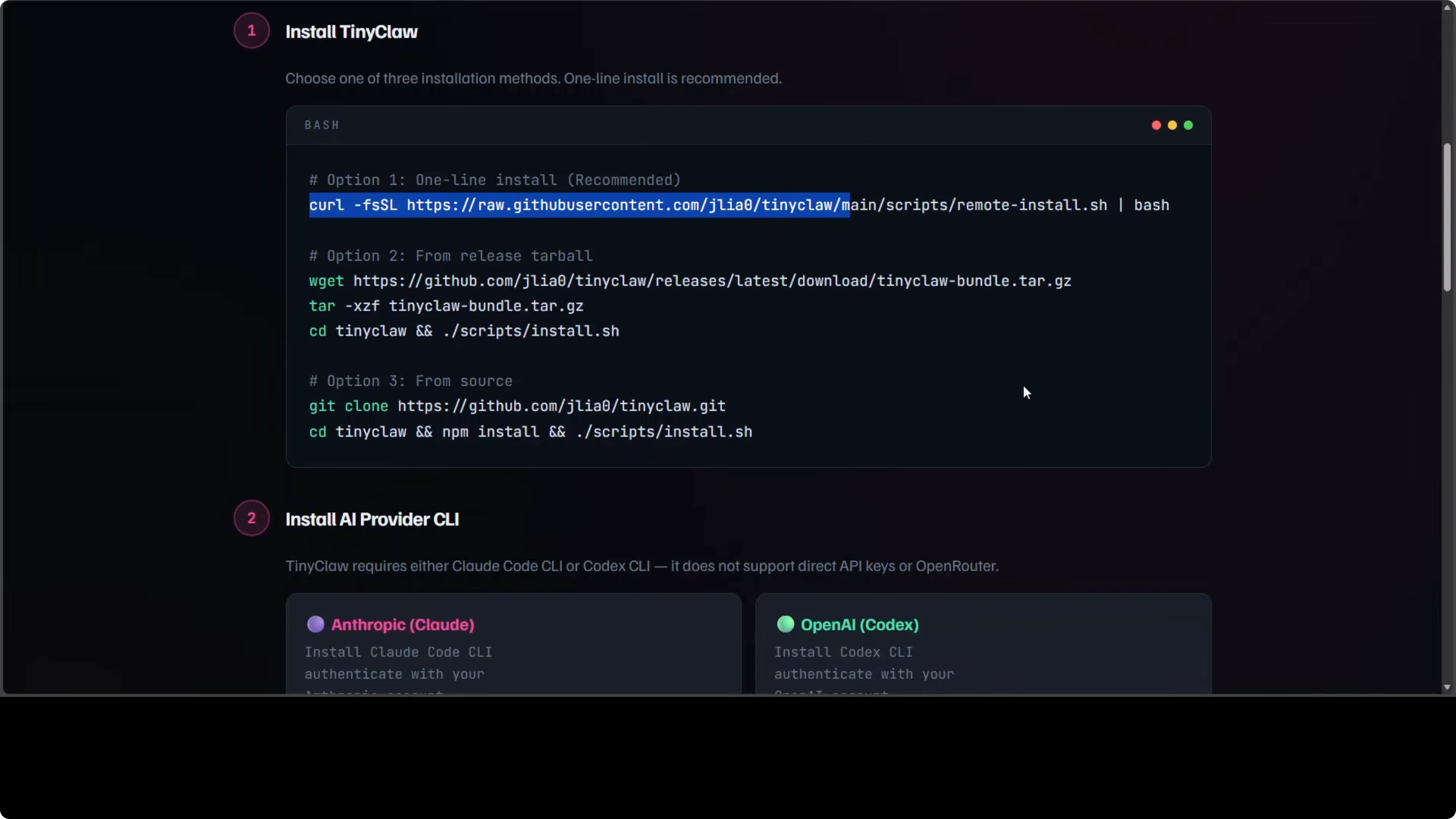 Interfaccia command line wizard installazione TinyClaw