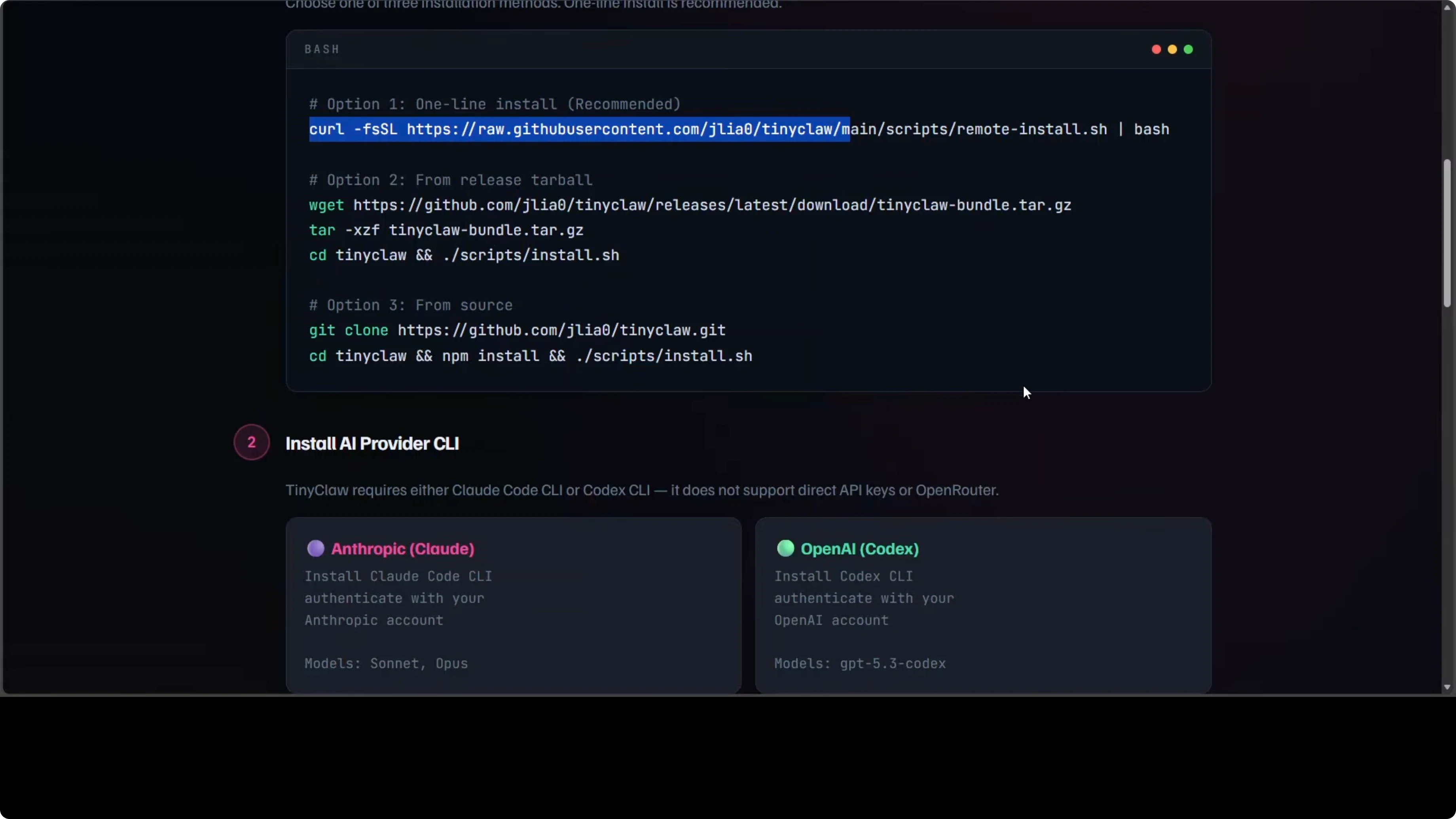 Esempio file di configurazione settings.json TinyClaw