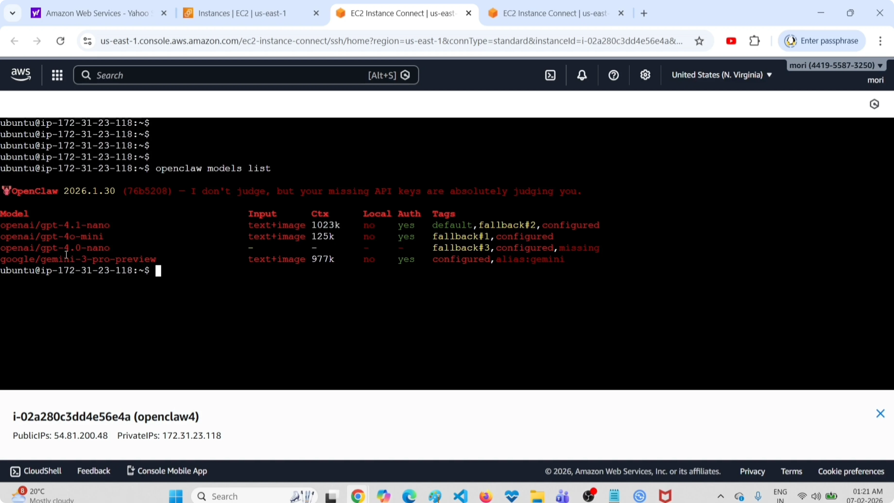 Output of openclaw models list command showing configured models