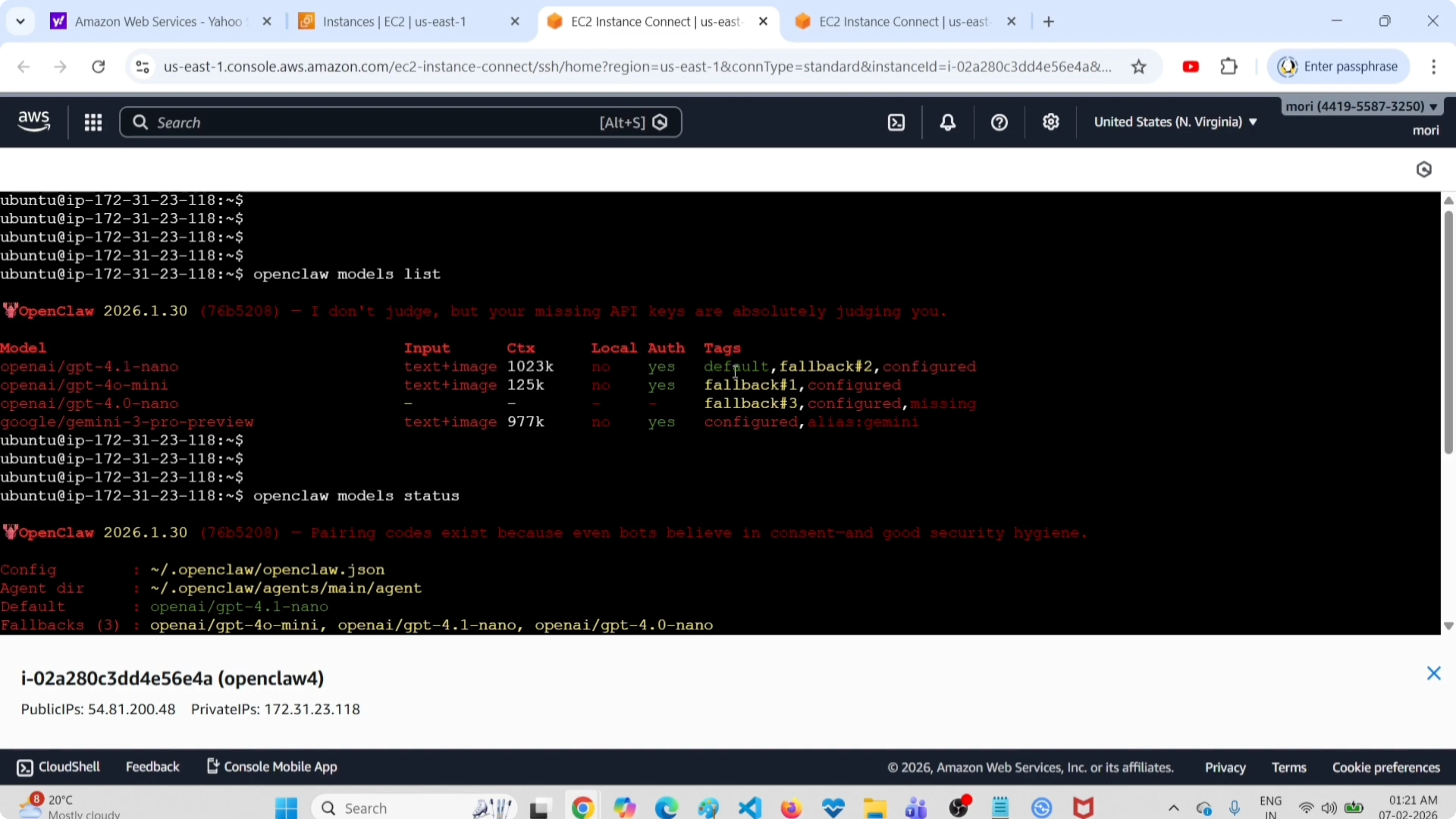 Comando openclaw models status che mostra il modello default e i fallback